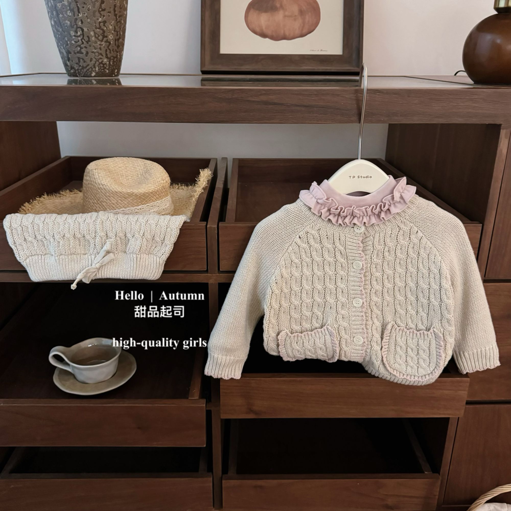 【甜品起司】复古麻花！女童装秋冬插肩撞色毛衣开衫短裤两件套装