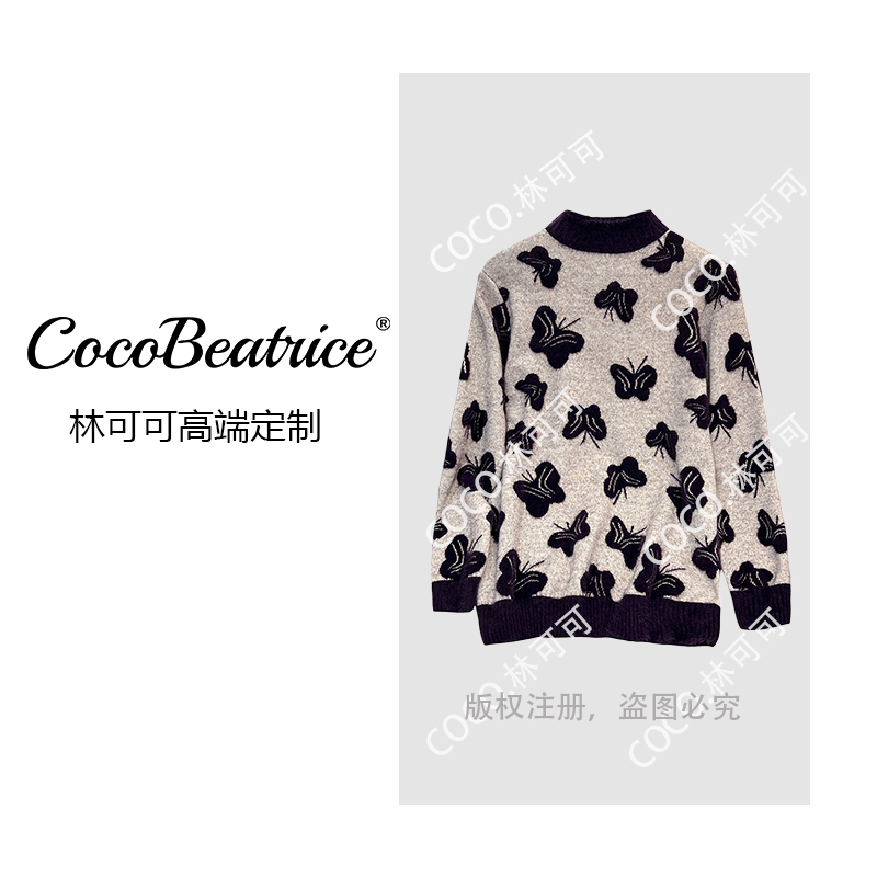 【COCO林可可】时尚半高领蝴蝶提花针织衫上衣宽松套头圆领毛衣女士