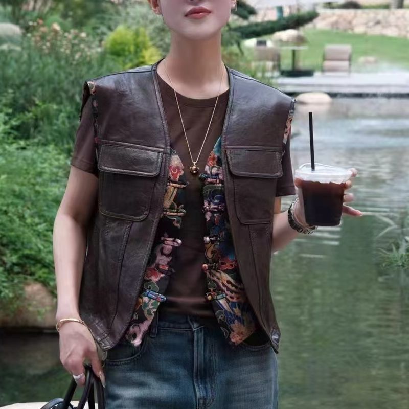 KIKI严选：251333-大印象家欧货南油秋季国风拼皮马甲高级感外套