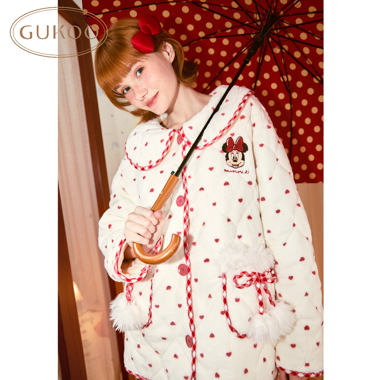 Gukoo/果壳迪士尼联名米妮夹棉家居服女睡衣小香风甜美可爱冬季