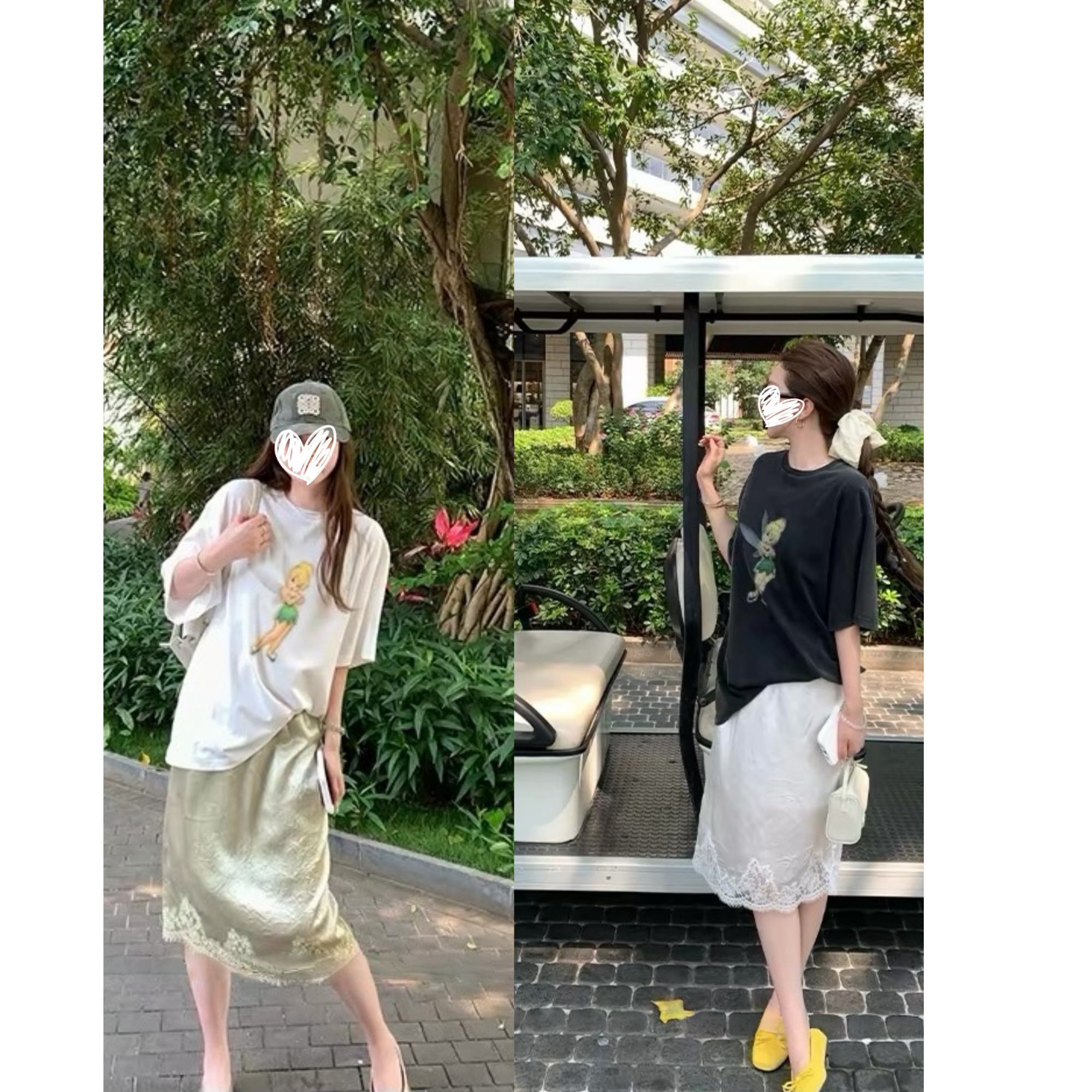 韩系花仙子印花T恤上衣+蕾丝刺绣拼接醋酸缎面半裙两件套25750#