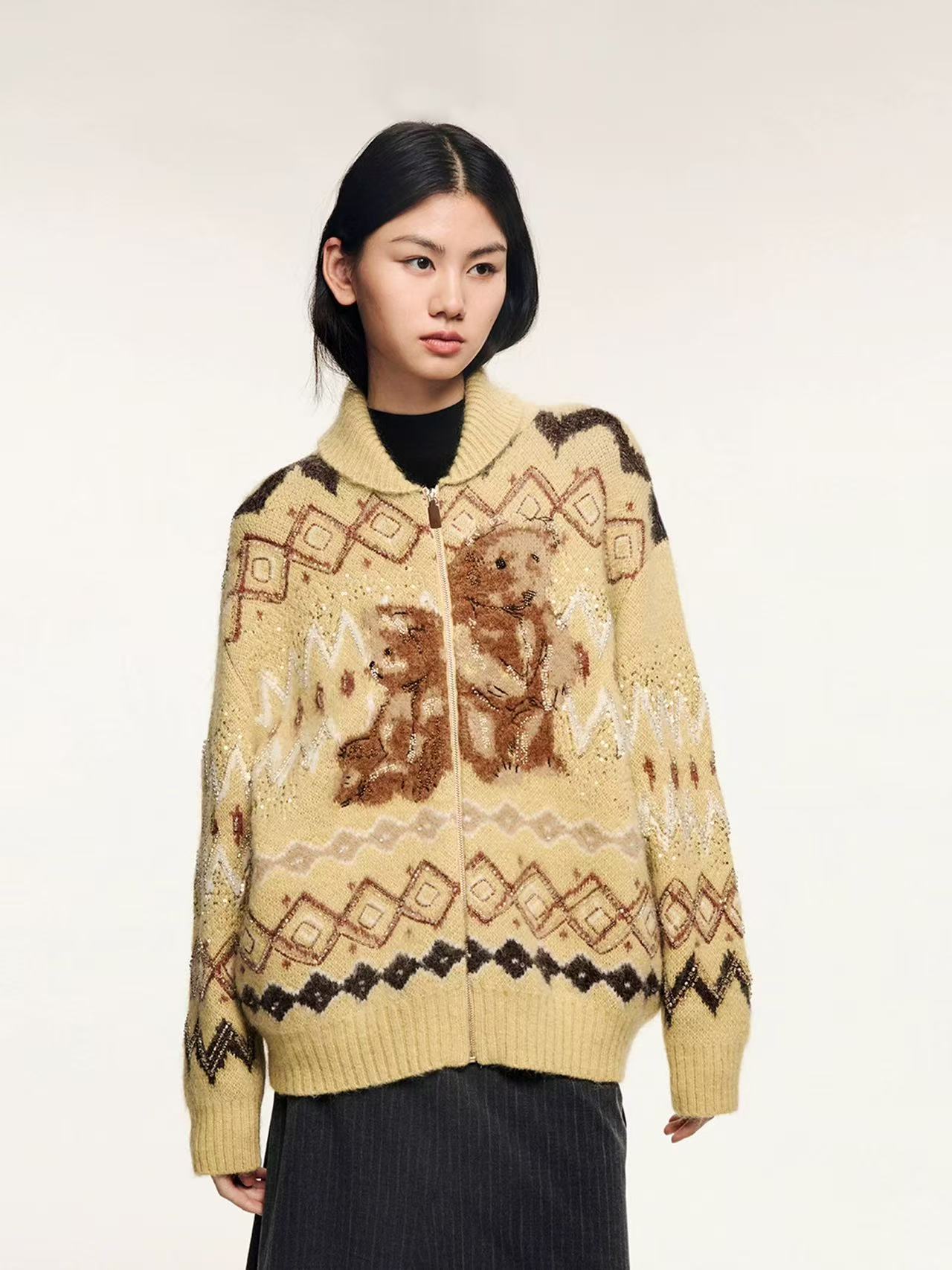 UOOYAA/乌丫2025冬季新款「伤心小熊」费尔岛雪橇领毛开衫4599