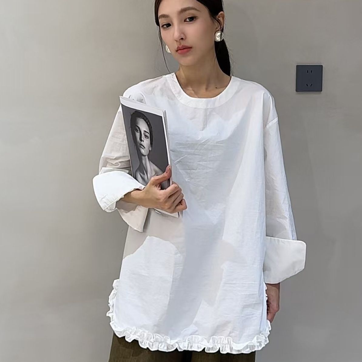 W123南油轻奢名媛贵妇时尚圆领拼接木耳花边宽松休闲长袖衬衫上衣