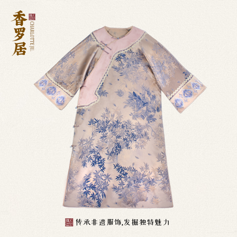 【枫华袍】复古中式桑蚕丝印花宽松女士提花圆领斜襟袍子连衣裙