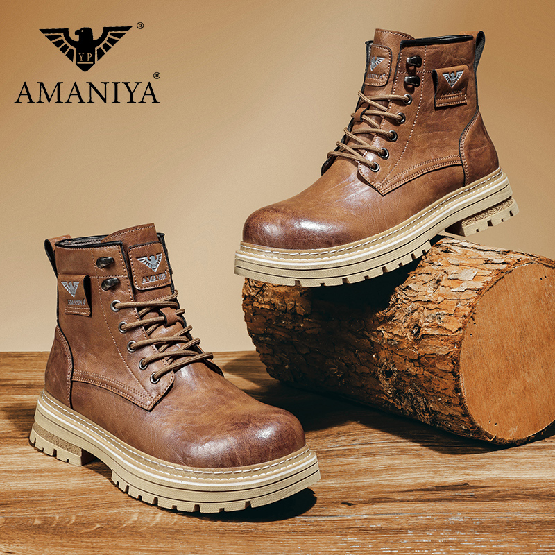 AMANIYA2025新款厚底休闲秋季百搭男士复古靴子高帮马丁靴工装靴