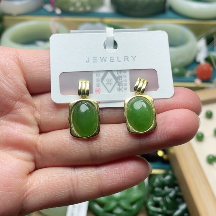 和田玉耳饰银S925镶嵌