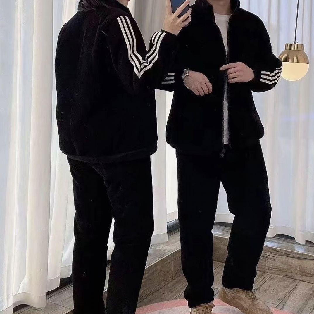 三条杠雪尼尔面料情侣睡衣套装加绒加厚保暖男士睡衣冬款加厚加绒