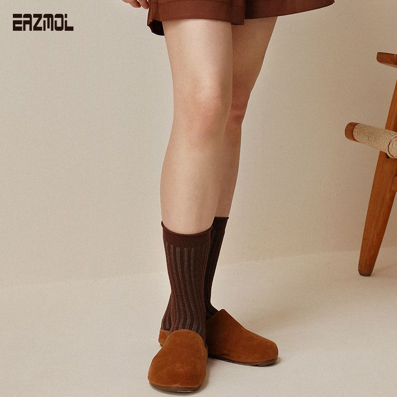 EAZMOL移圈堆堆袜女修饰腿型竖条薄款棉质不勒脚中筒袜