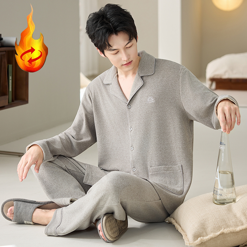 德绒睡衣男士秋冬季加厚浅灰色保暖宽松可外穿开衫家居服套装