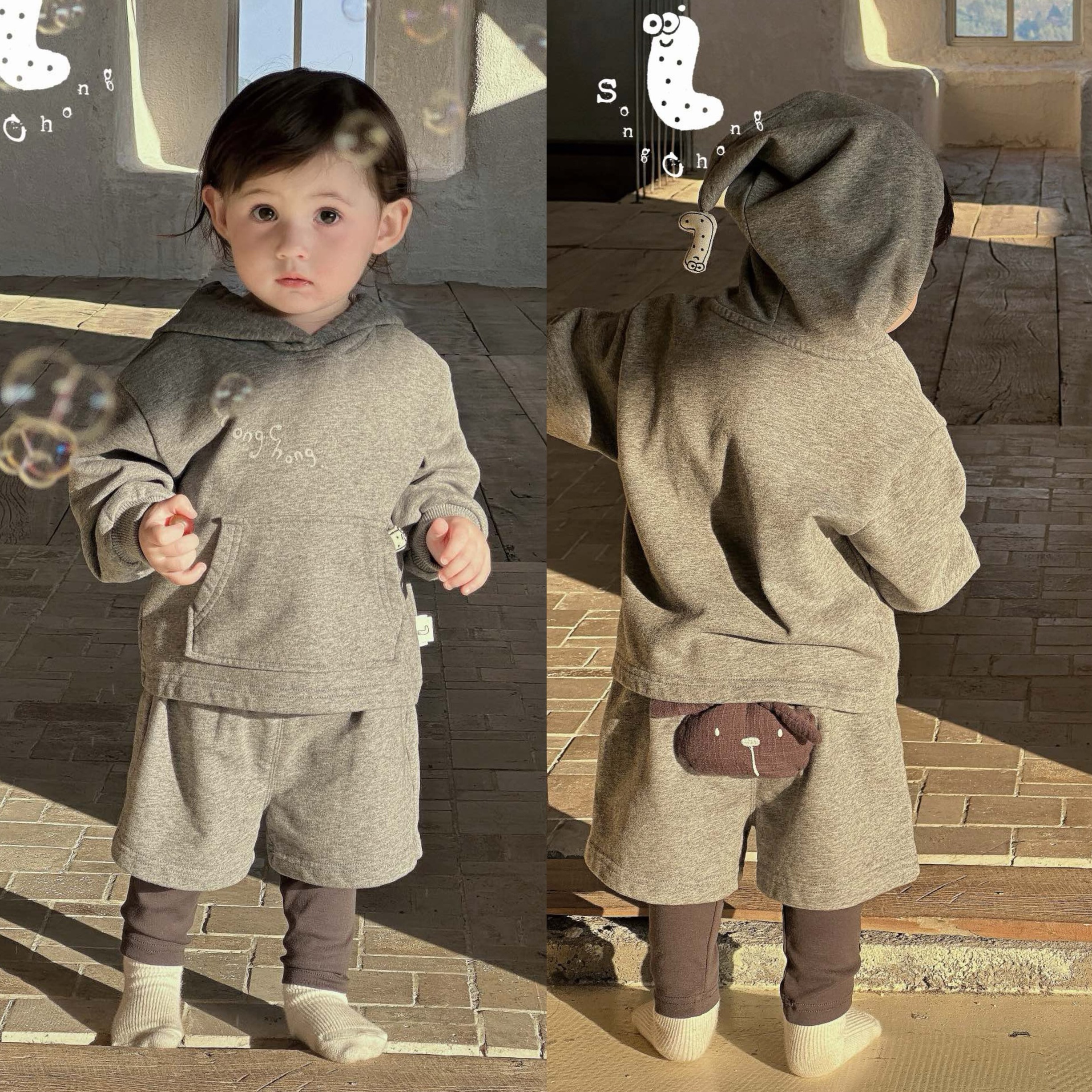 松虫春季新款灰色精灵帽套装假两件裤子可爱屁屁裤男女宝休闲套装