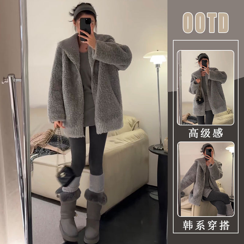 韩版时尚大翻领拉链保暖上衣外套2025冬季内搭灰色打底衫两件套潮