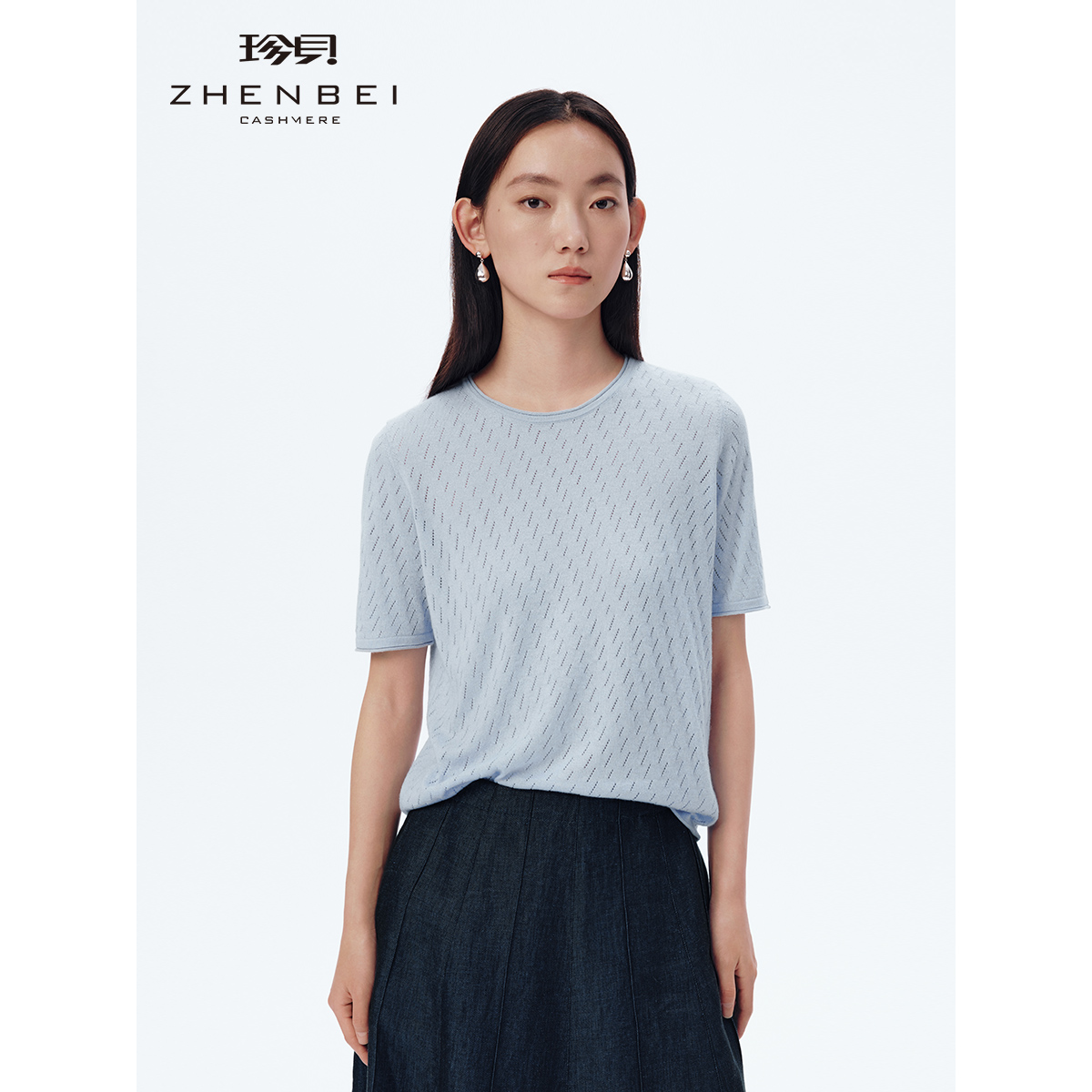 2025春季新款女装圆领镂空真*羊绒短袖针织上衣薄36822