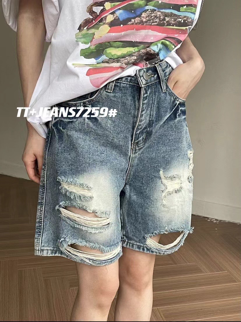 龙女家新款高腰弹力牛仔短裤时尚显瘦破洞直筒五分裤