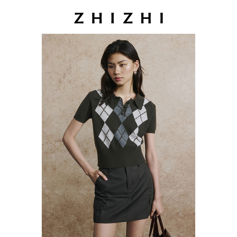 致知 三部乐 羊绒菱形格短袖polo毛衫25年秋季新款ZZ2EAKZL024