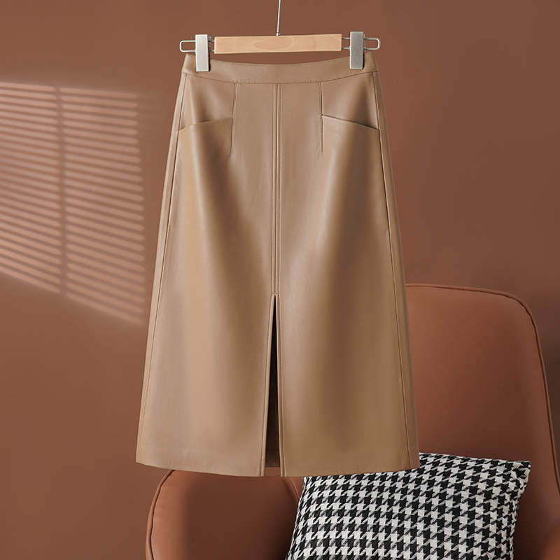 【YOYO】真皮中长款包臀半身裙女2025春装海宁开叉绵羊皮修身一步裙