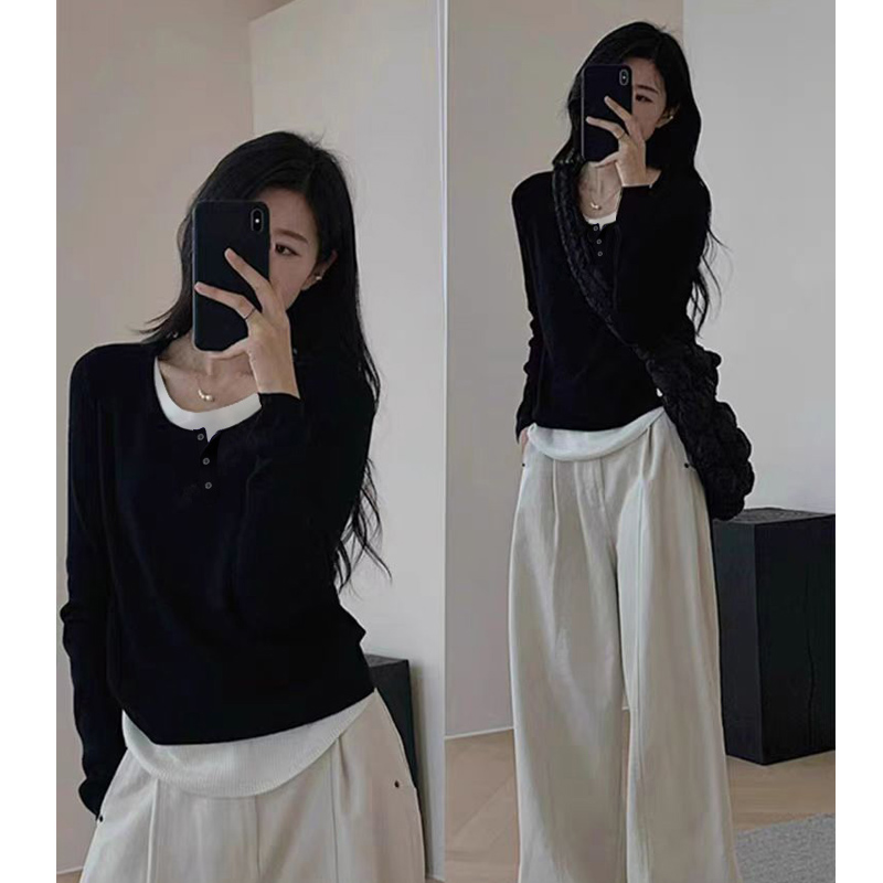 9027#洋气假两件设计感双层圆领纽扣秋冬长袖修身内搭打底上衣女