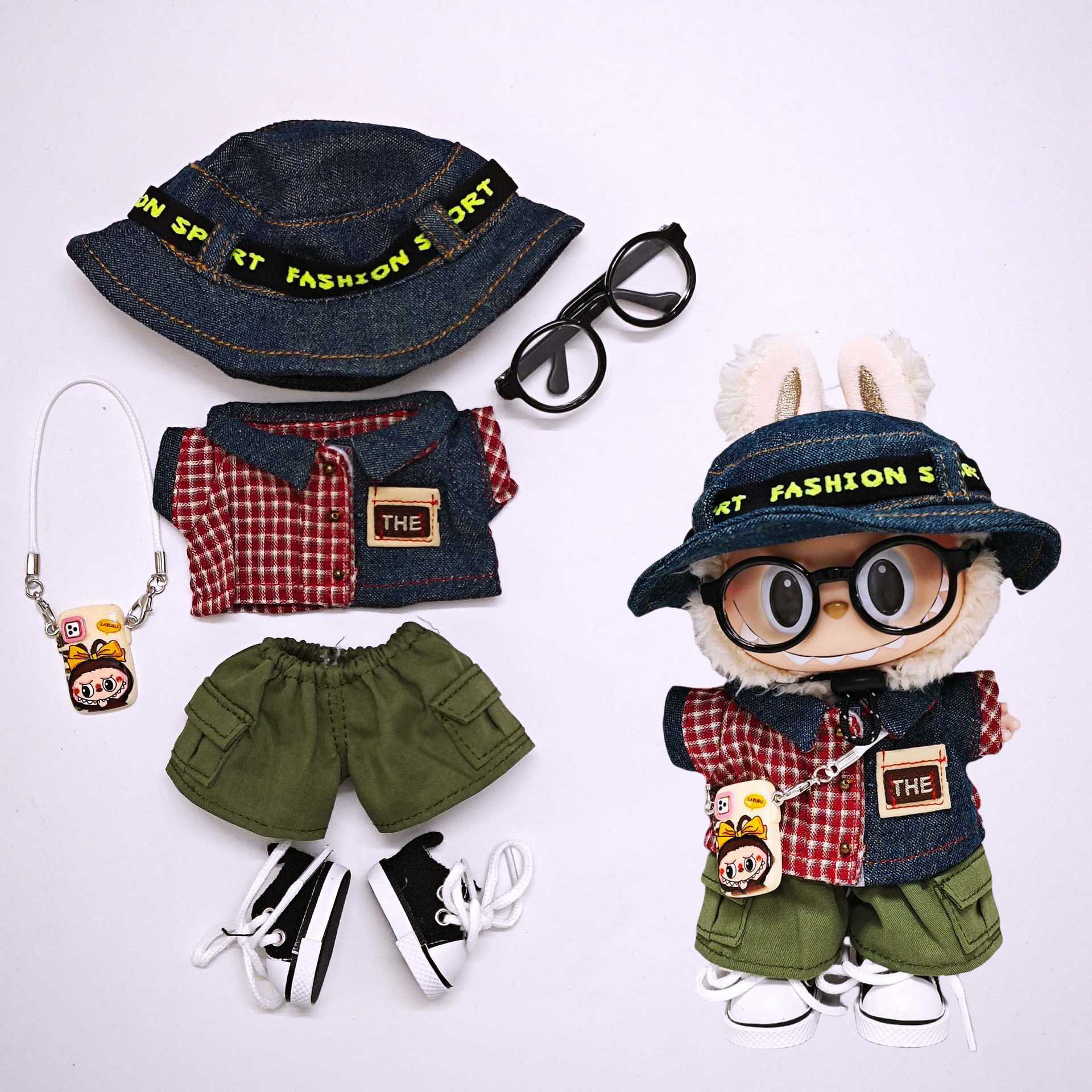 【仅售娃衣】labubu娃衣红格子拼色牛仔帽子套装拉布布玩偶衣服