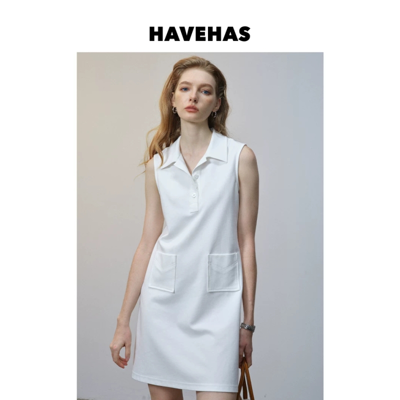 HAVE城市球场 Courtcore复古老钱休闲运动针织弹力无袖Polo连衣裙