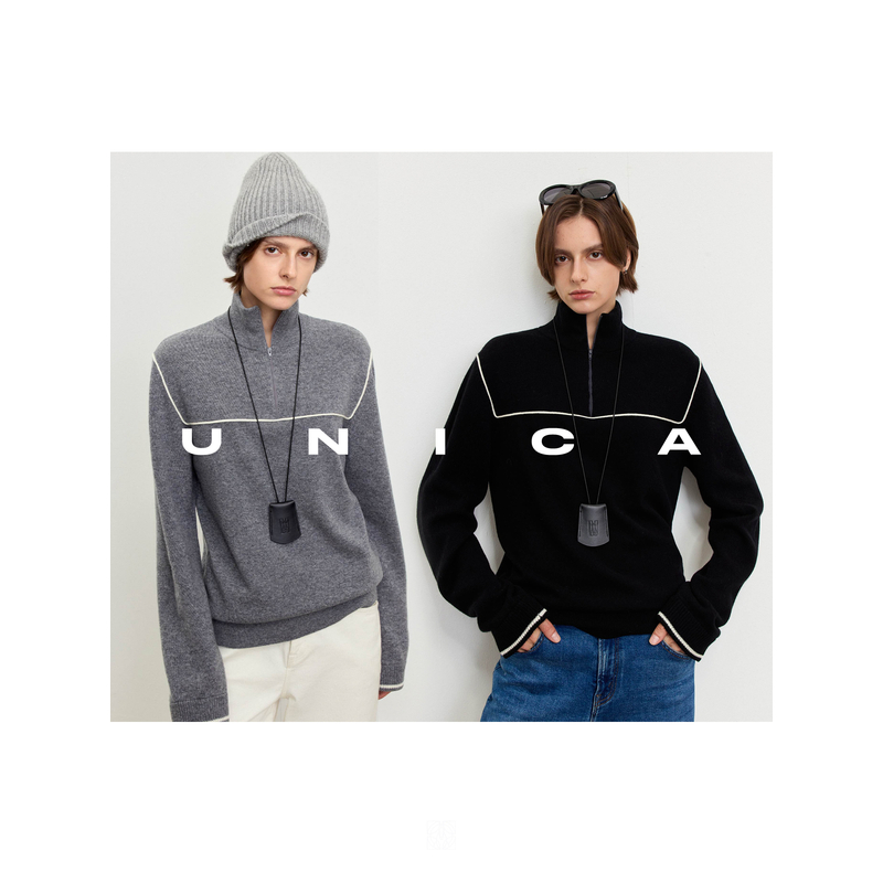 UNICA/都市轻运动_羊绒羊毛轻柔撞色线拉链高领针织衫