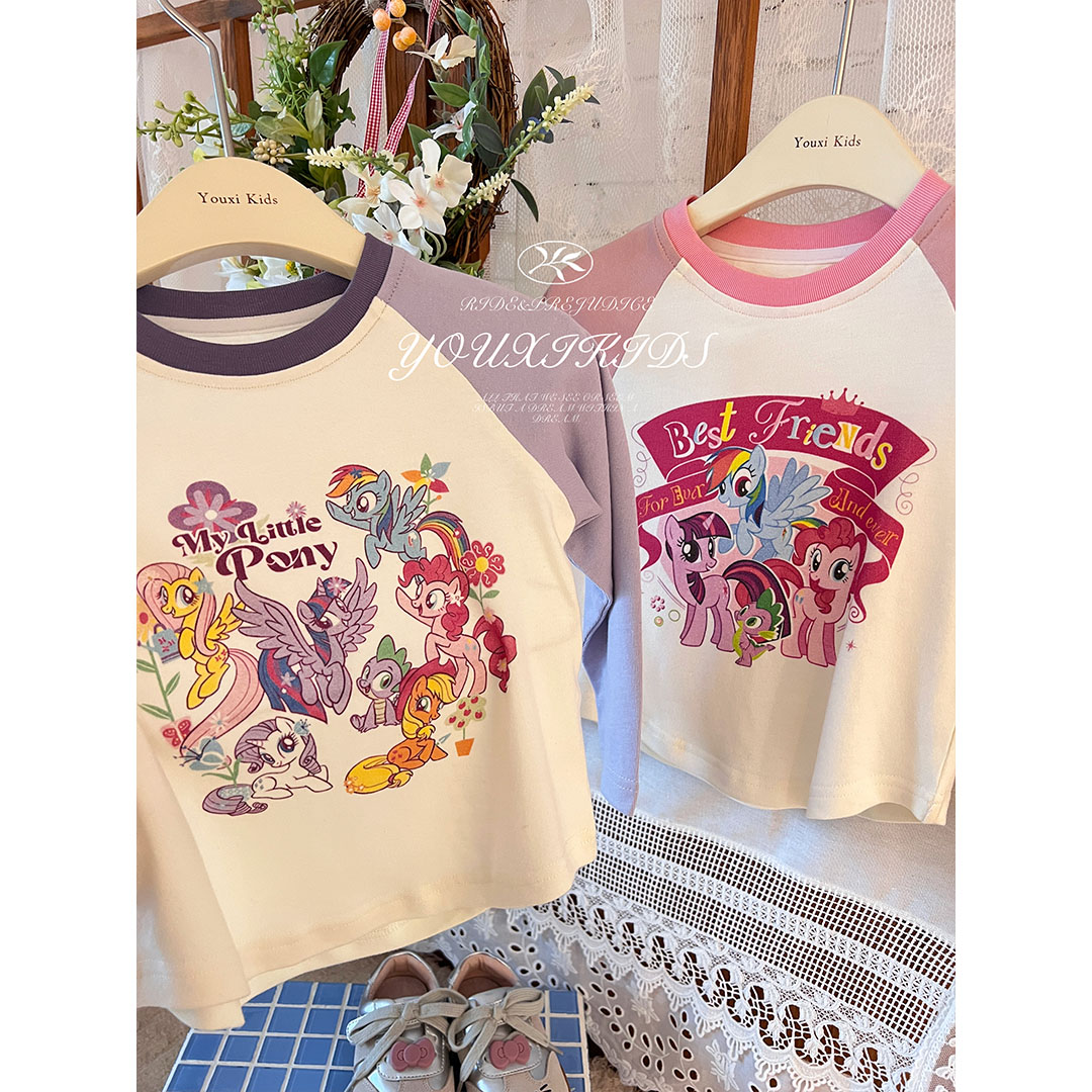 现飞飞家乐趣小马26春款撞色拼接插肩袖小马宝莉印花洋气T FF3180