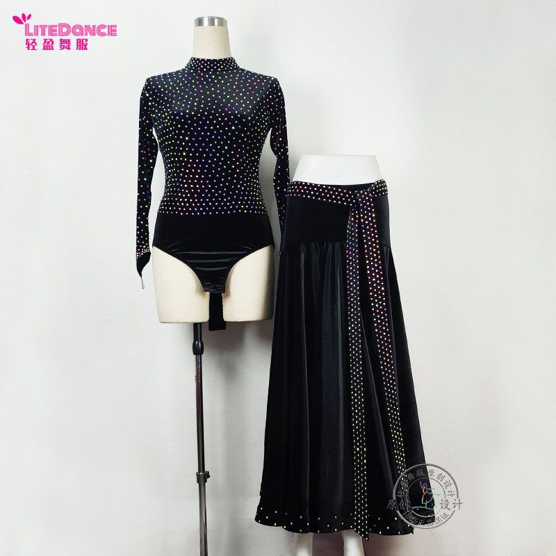 轻盈舞服 新款女款摩登舞拉丁舞国标舞韩国丝绒优雅练功上衣套装