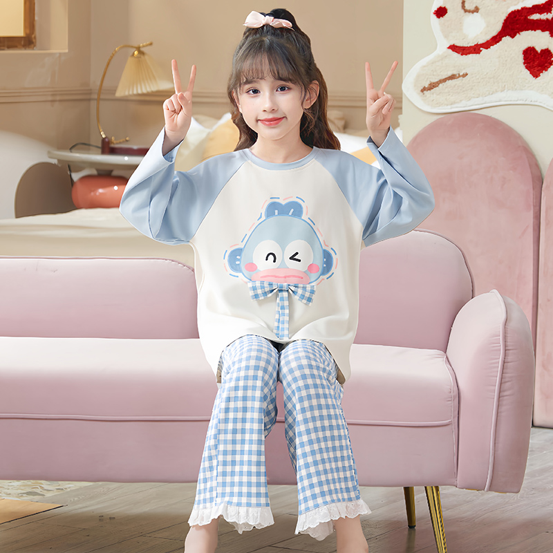 秋季新款女童睡衣儿童长袖圆领纯棉套装中大童女孩可爱洋气家居服