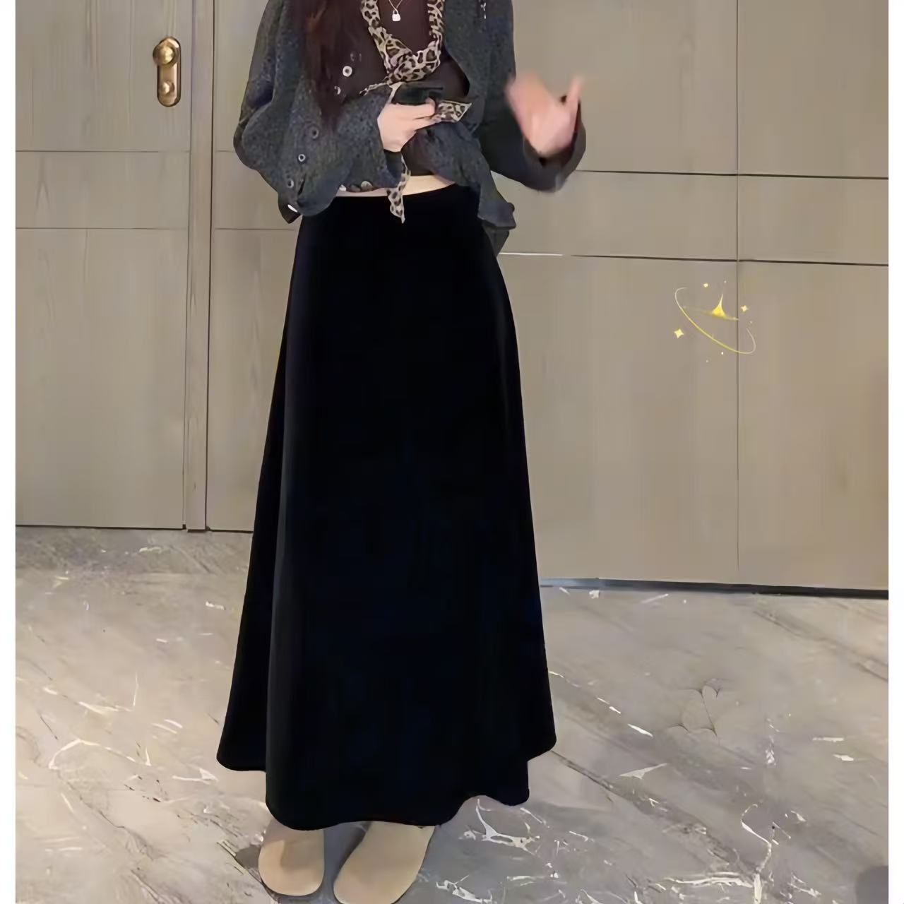 高级感韩版丝绒裙中长款法式高品质气质优雅A字裙遮肉显瘦慵懒裙