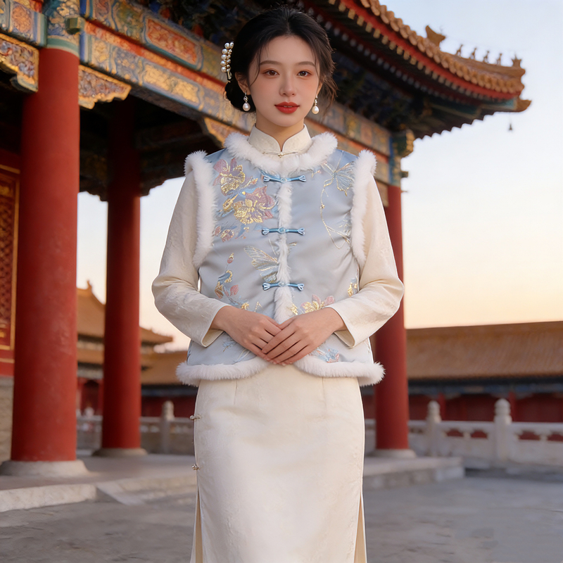 3525 倚清幽 浮光锦缎 冬款加绒加厚年轻改良旗袍马甲【单独马甲】