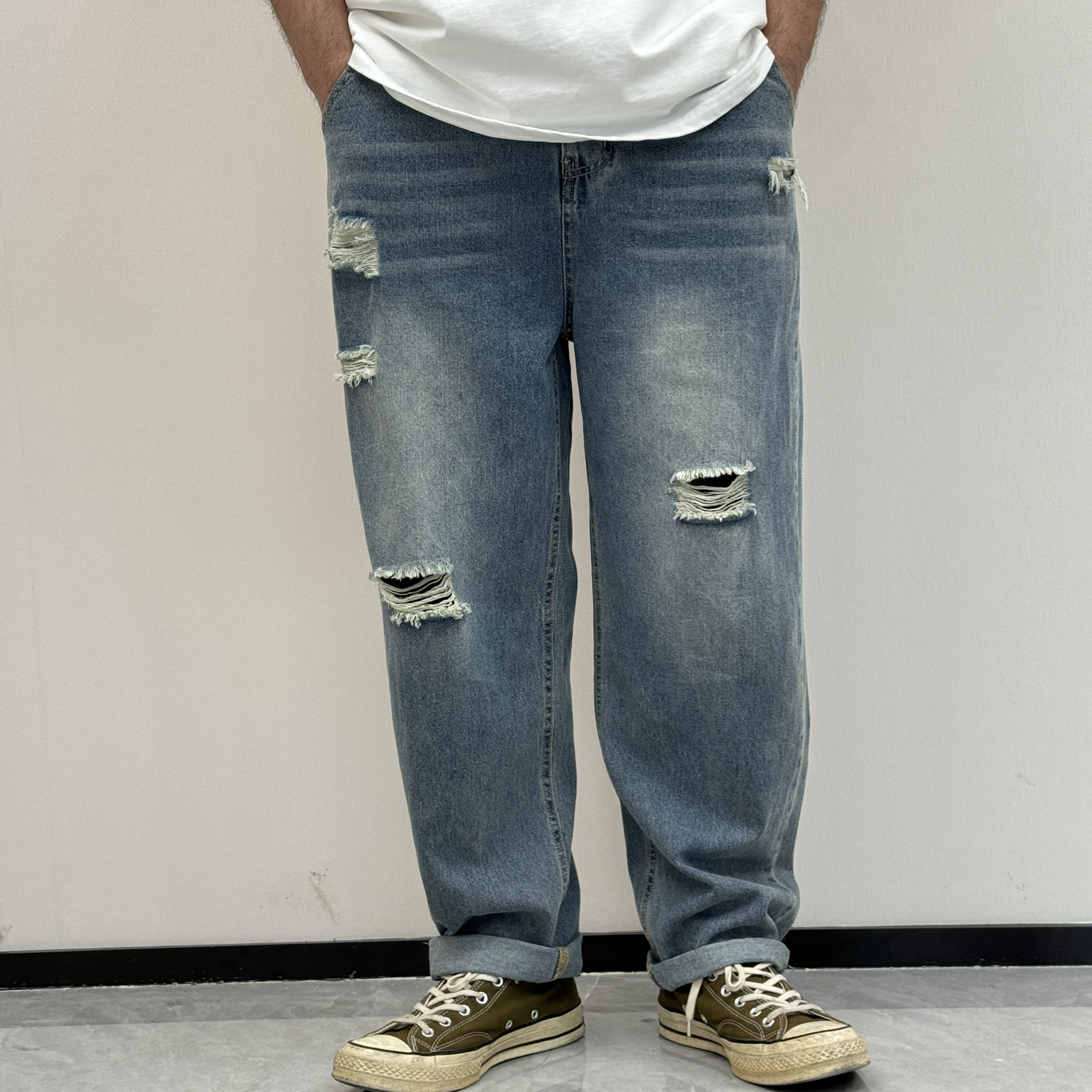 HZ666重磅水洗高盎司显瘦纯色牛仔长裤