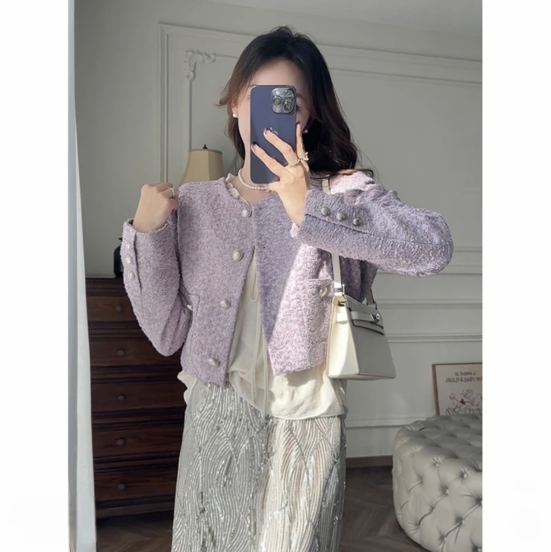 LULU女装春款紫色迷迭香法式纯手工拉毛短款小香风外套