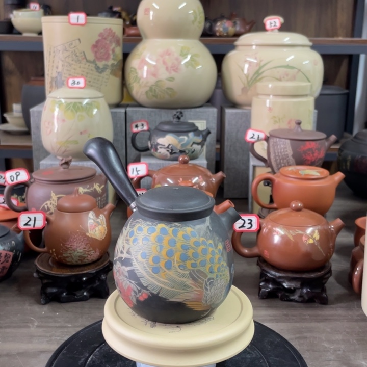 建水紫陶李雨蔓多道刻填侧把壶