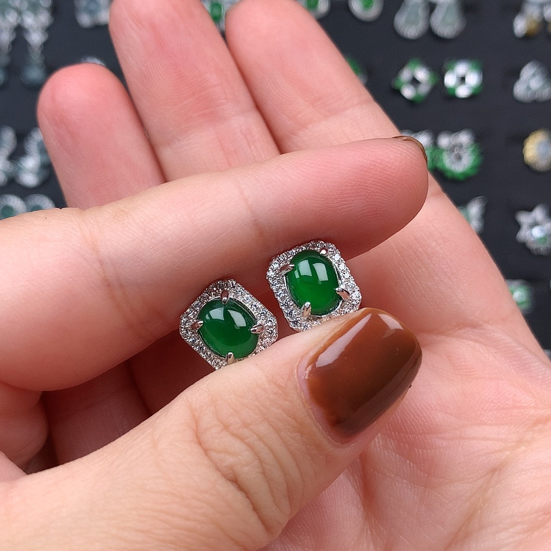 米***蒲翡翠银S925镶嵌耳饰