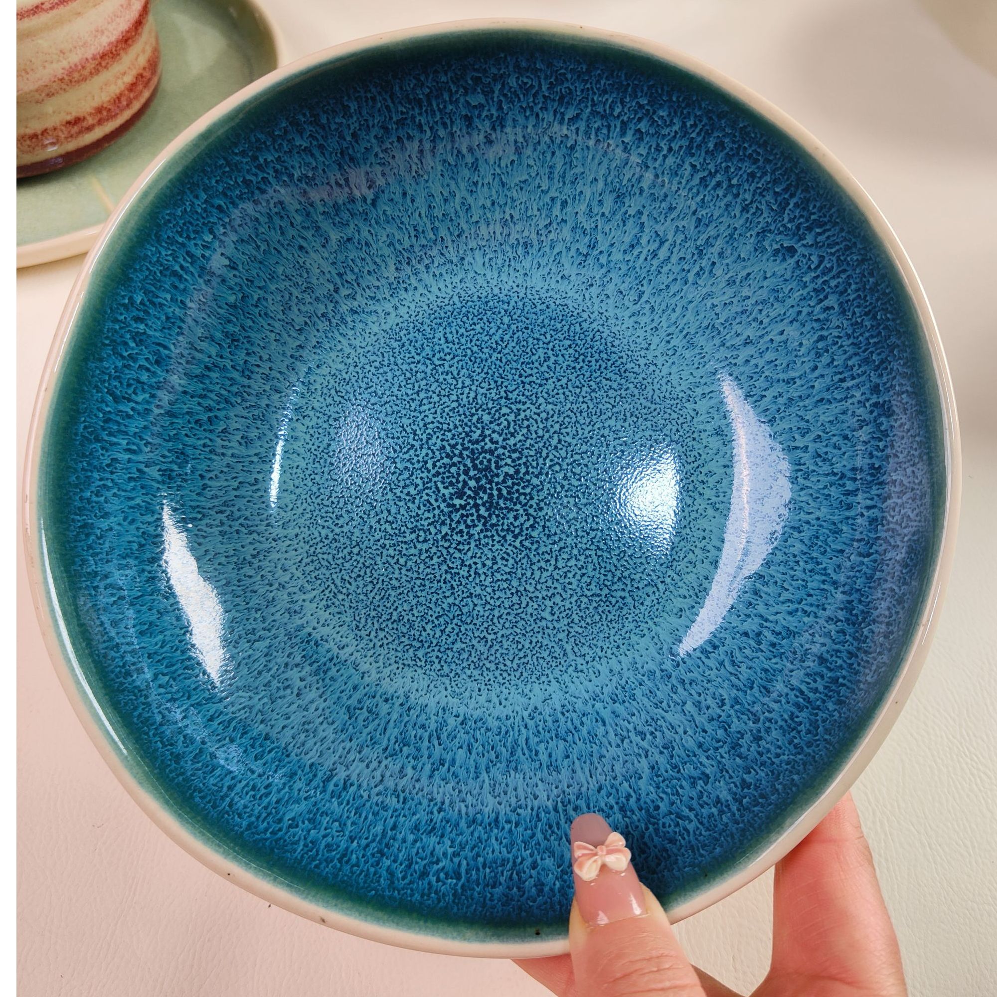 陶瓷碗家用蓝色7.3英寸面碗菜碗实用釉下彩芝麻点外贸高端餐具