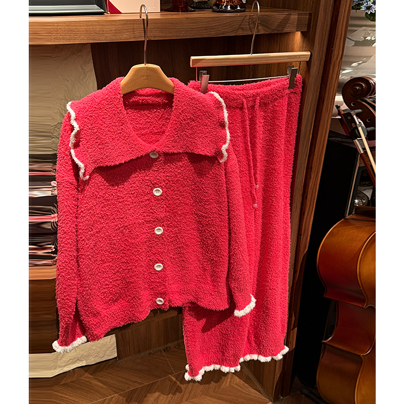 米诗缇【半边绒娃娃领玫红色】小众设计师可外穿长袖长裤睡衣家居服