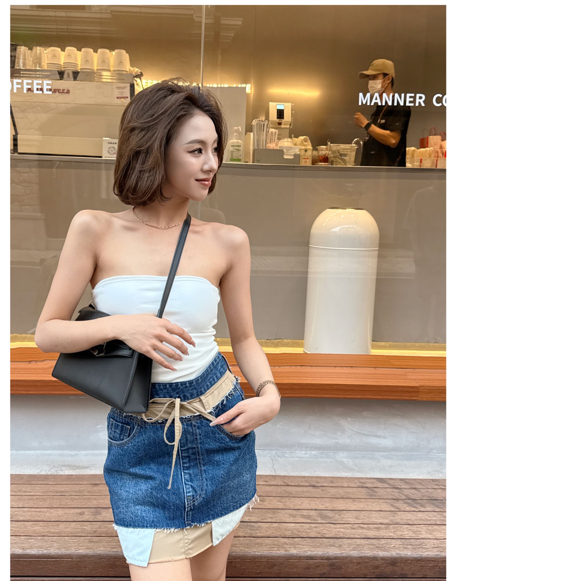 【娇娇私服定制】新款上新设计感假两件拼接牛仔半裙51302#