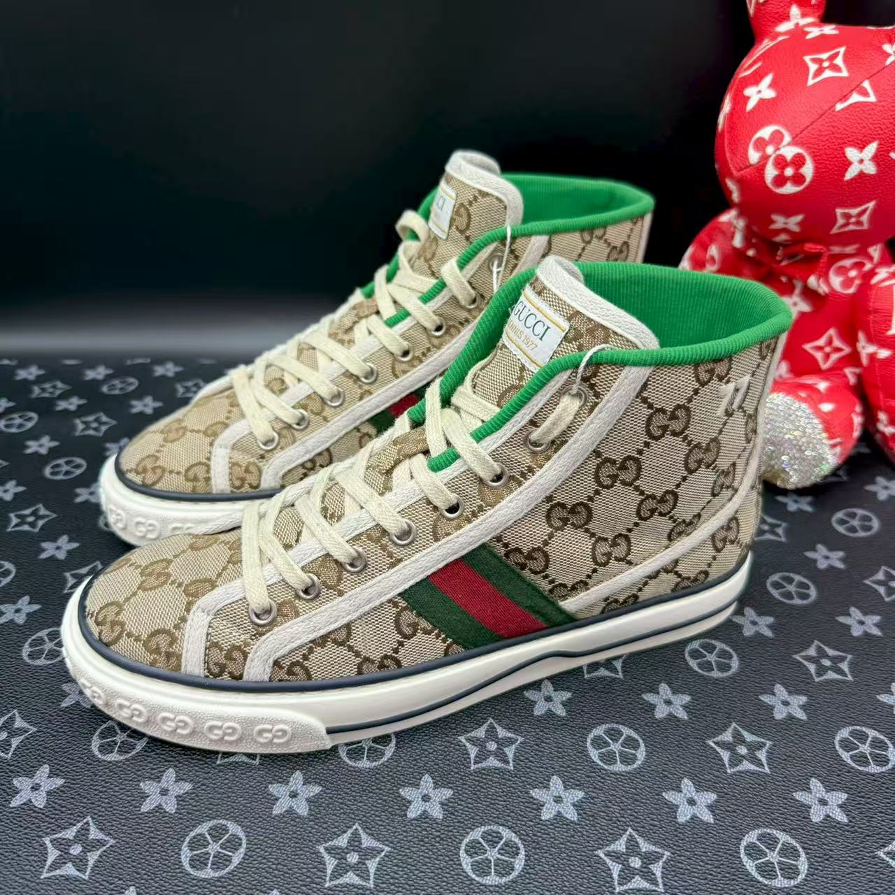 95新 GUCCI/古驰 乌木老花帆布1977高帮板鞋37.5欧码 ddm2691