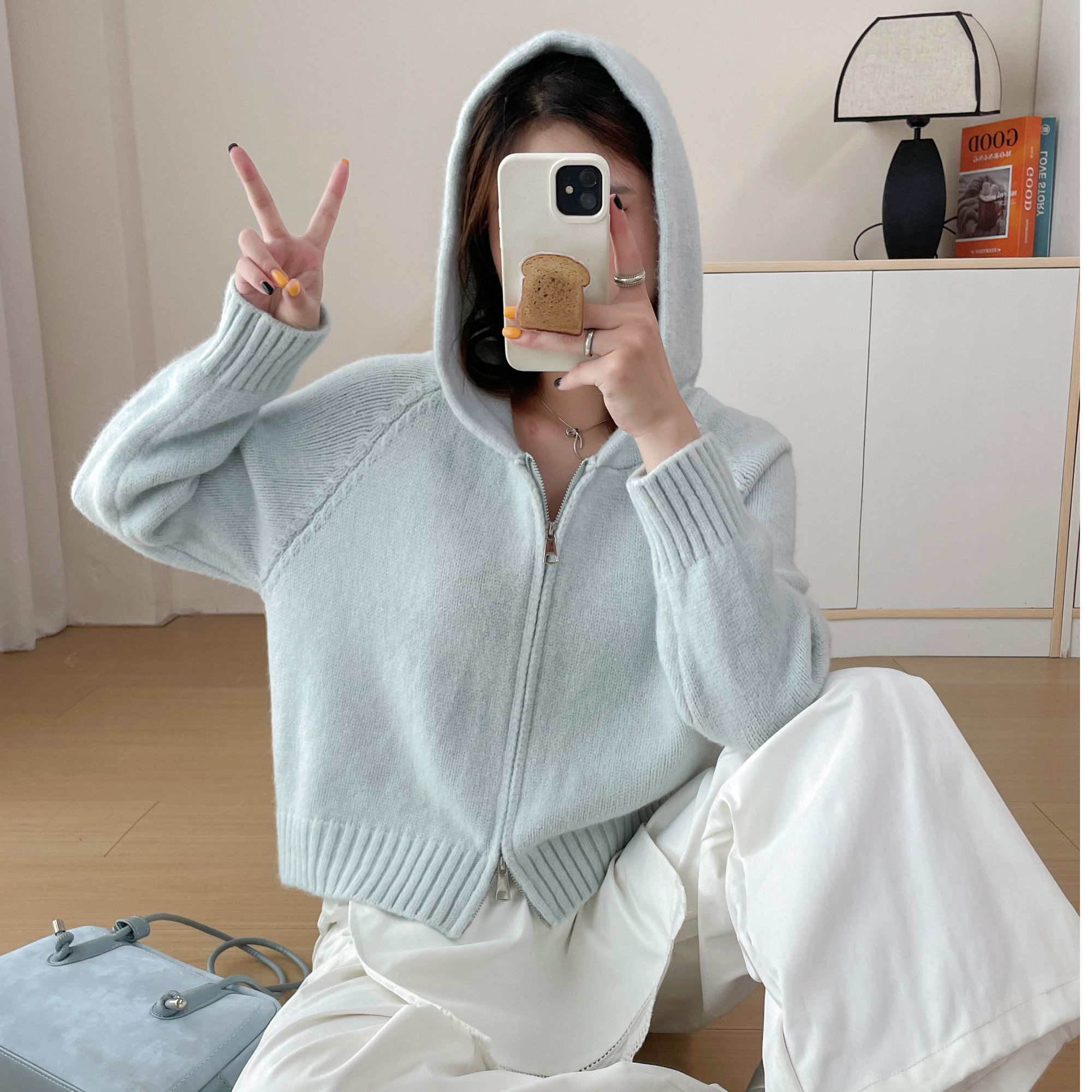 小个子宽松连帽毛衣开衫女秋冬新款纯色韩系短款双拉链针织上衣潮