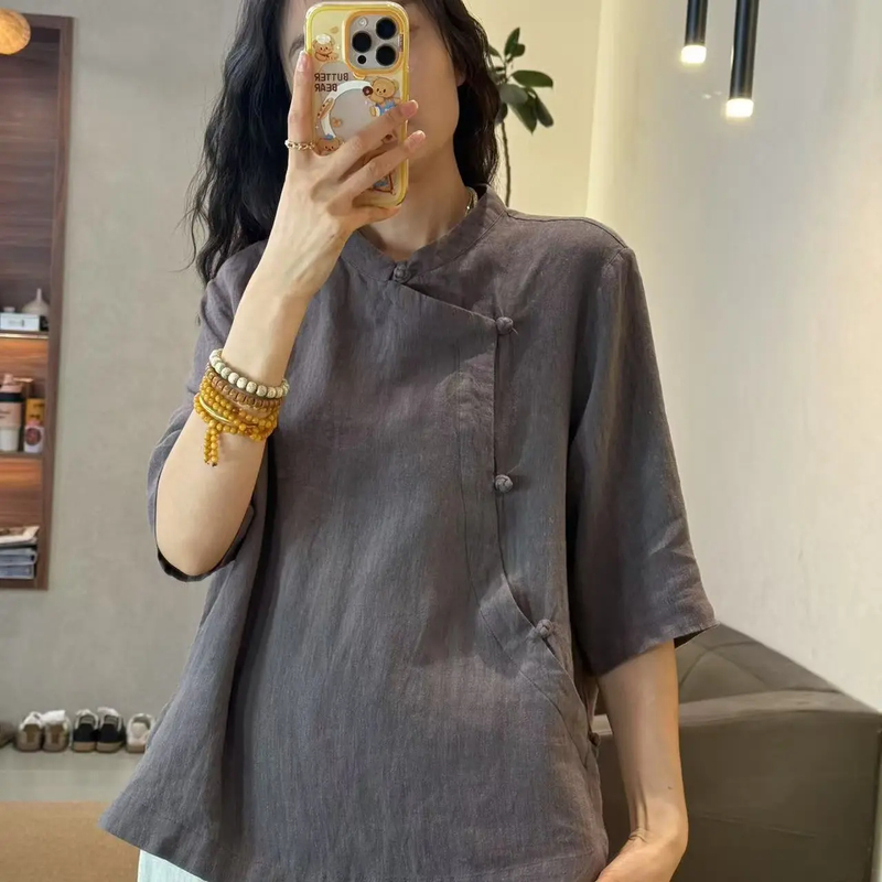 1342-上衣小衫汉麻立领夏季纯色中国风时尚休闲半开领衬衫