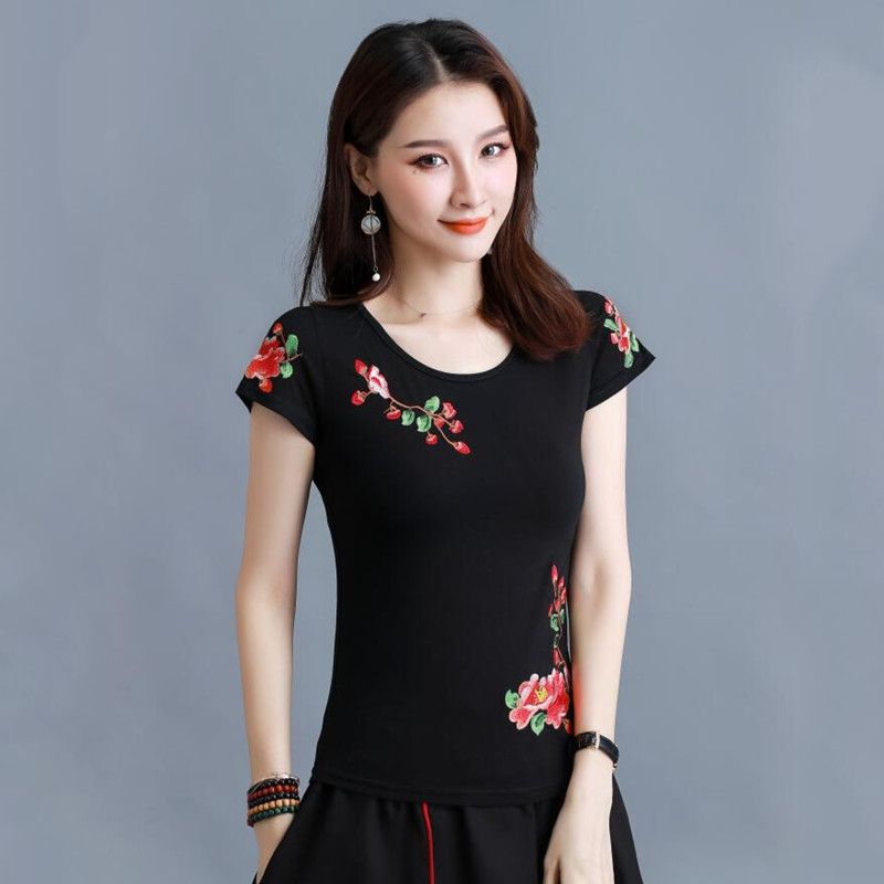 新款刺绣花棉短袖t恤女民族风女装绣花唐装夏圆领中国风复古修身
