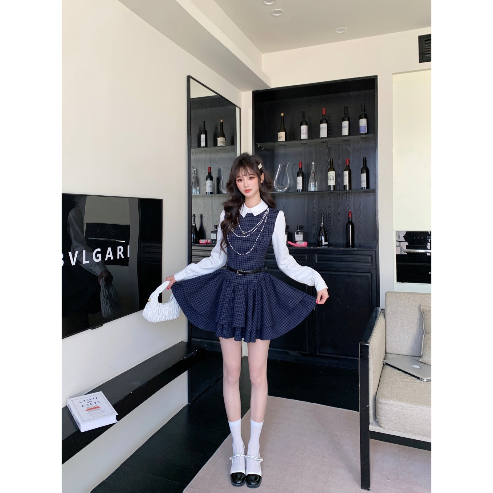 越韩小鱼 南法千金 假两件格子拼接连衣裙少女千金风蓬蓬裙女秋冬