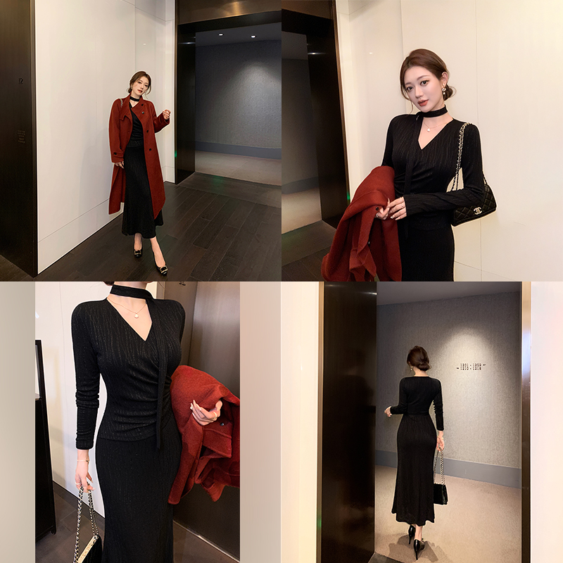 林关关【心动电台】贵气感女秋冬优雅飘带修身假两件含亮丝连衣裙