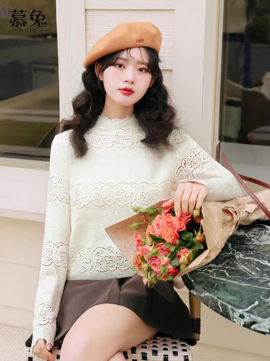 常规款冬季打底衫半高领时尚蕾丝加绒网红针织百搭秋冬套头