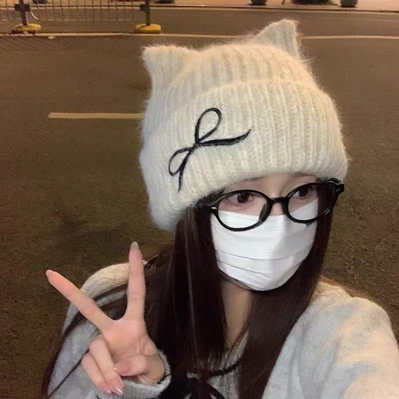 日系甜美可爱猫耳朵针织帽子女式款2025新款冬季保暖毛线帽大头围