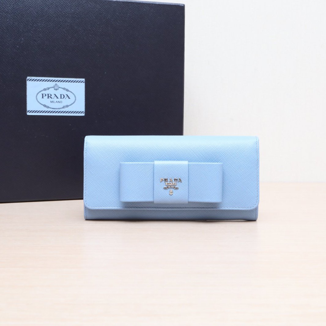 99新 Prada/普拉达 小花柳 蓝色 皮革C 蝴蝶结 三折 钱包带卡包