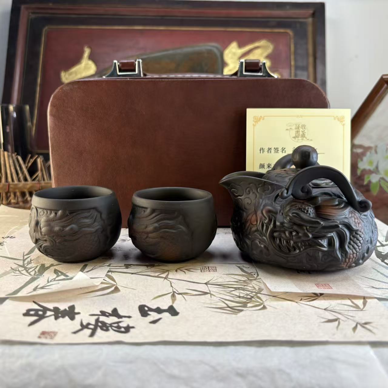 紫陶手抓宝瓶龙壶一壶两杯-0065