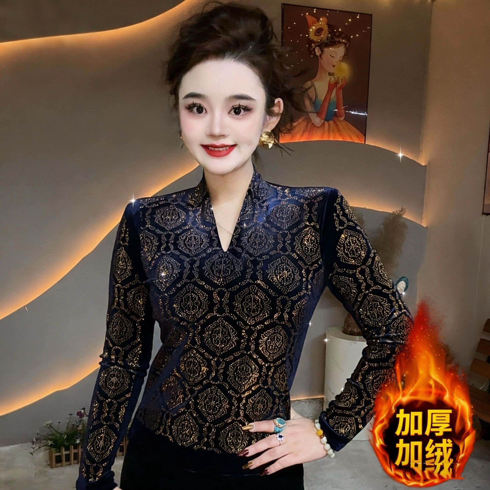 【V领网格】2025长袖休闲风新潮风烫钻女T恤网红时尚百搭打底衫