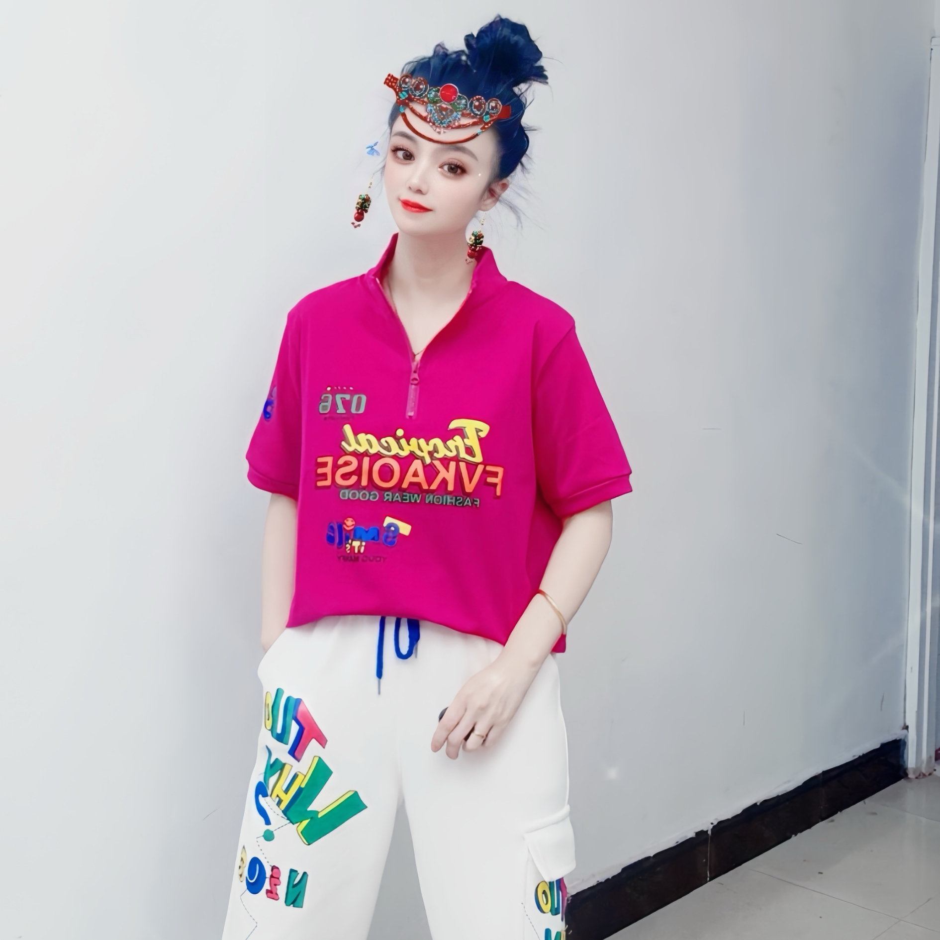 802夏季新款立领时尚休闲百搭宽松减龄潮流女洋气重工女T袖显瘦