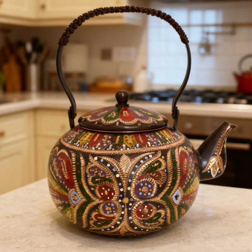 3L【纯铜手工錾刻】茶壶 民族风 西域风情家用 收藏 彩色摆件