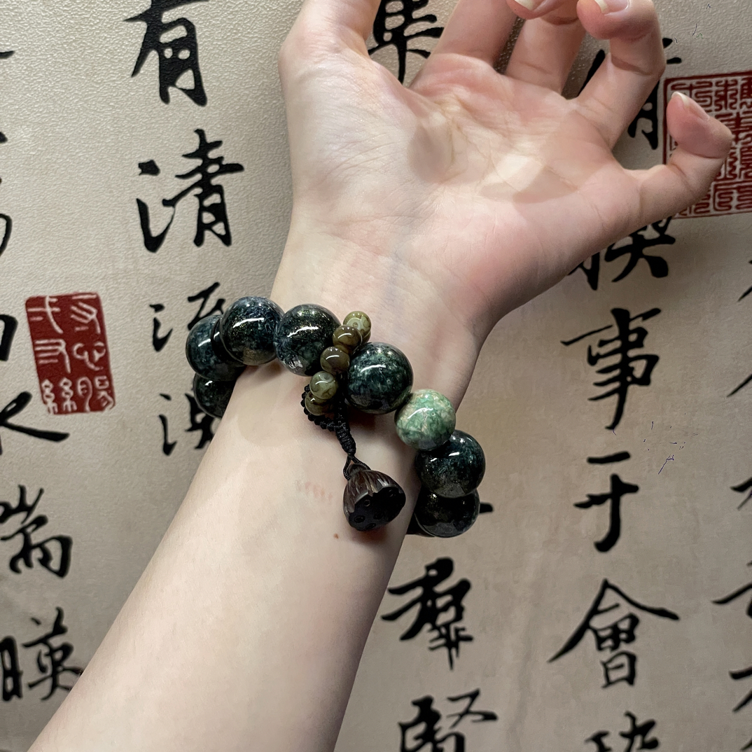 非金属玻璃手链 新中式禅意风手串男女通用油画珠原创莲蓬手串