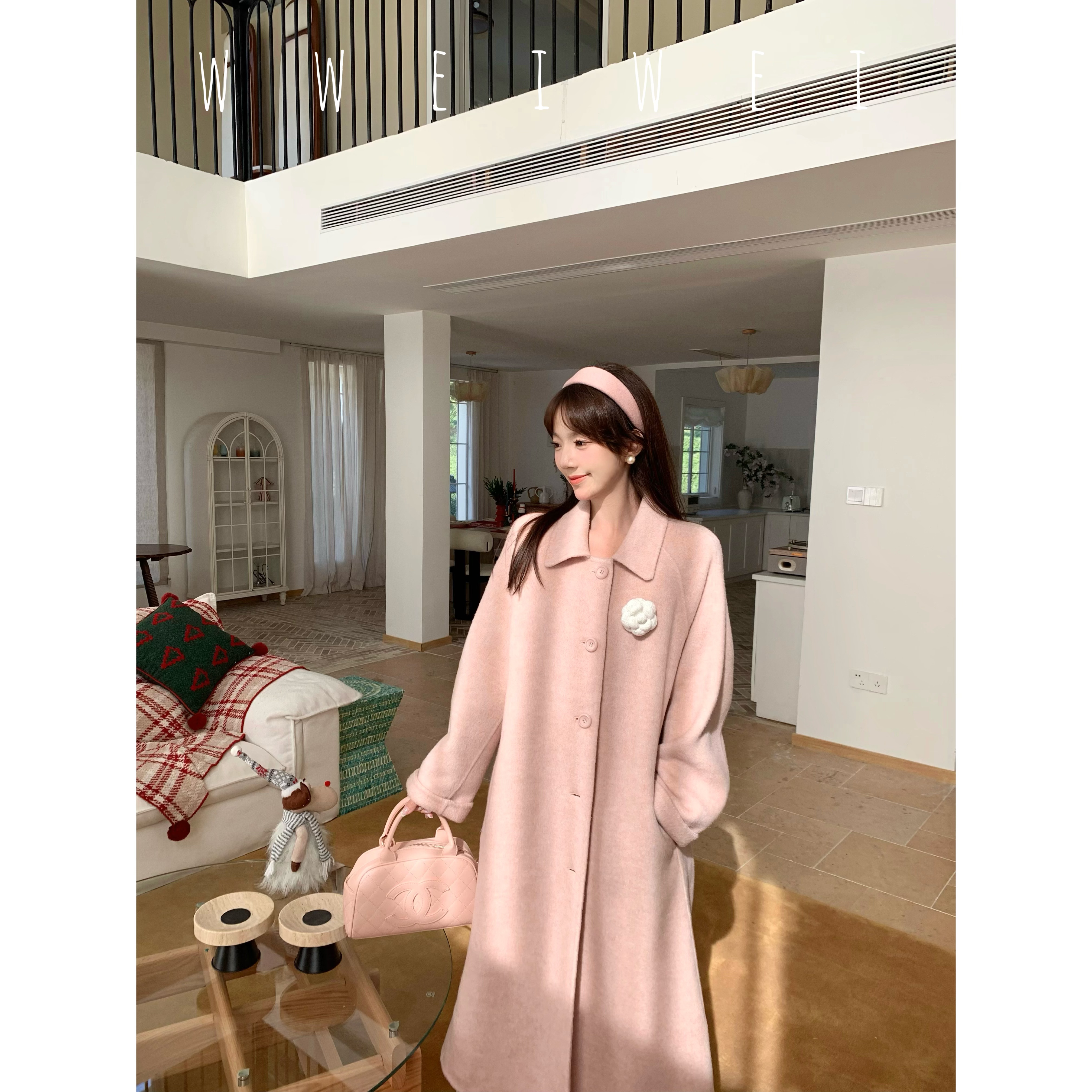 王玮玮【雪松之恋】冬季奶油粉气质百搭显瘦长款双面呢大衣